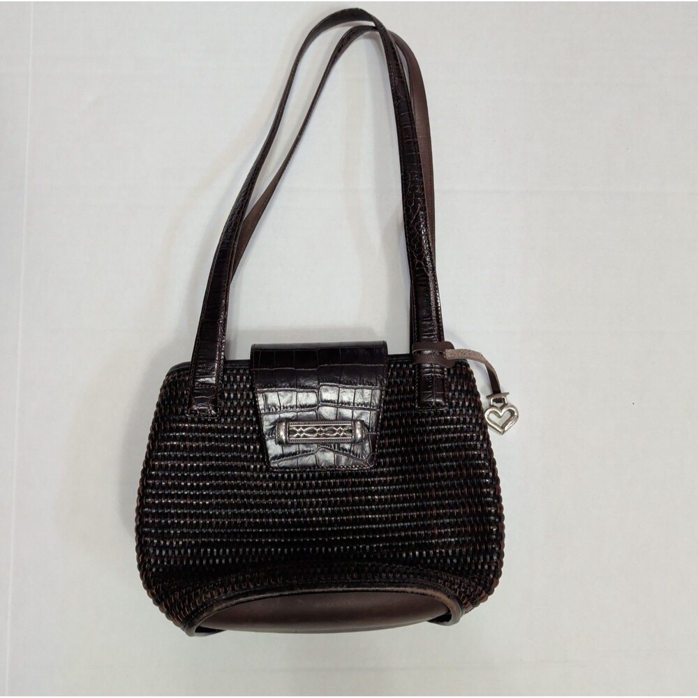 BRIGHTON Brown Woven Reed Leather Handbag Shoulder Purse M Silver Hard C092896